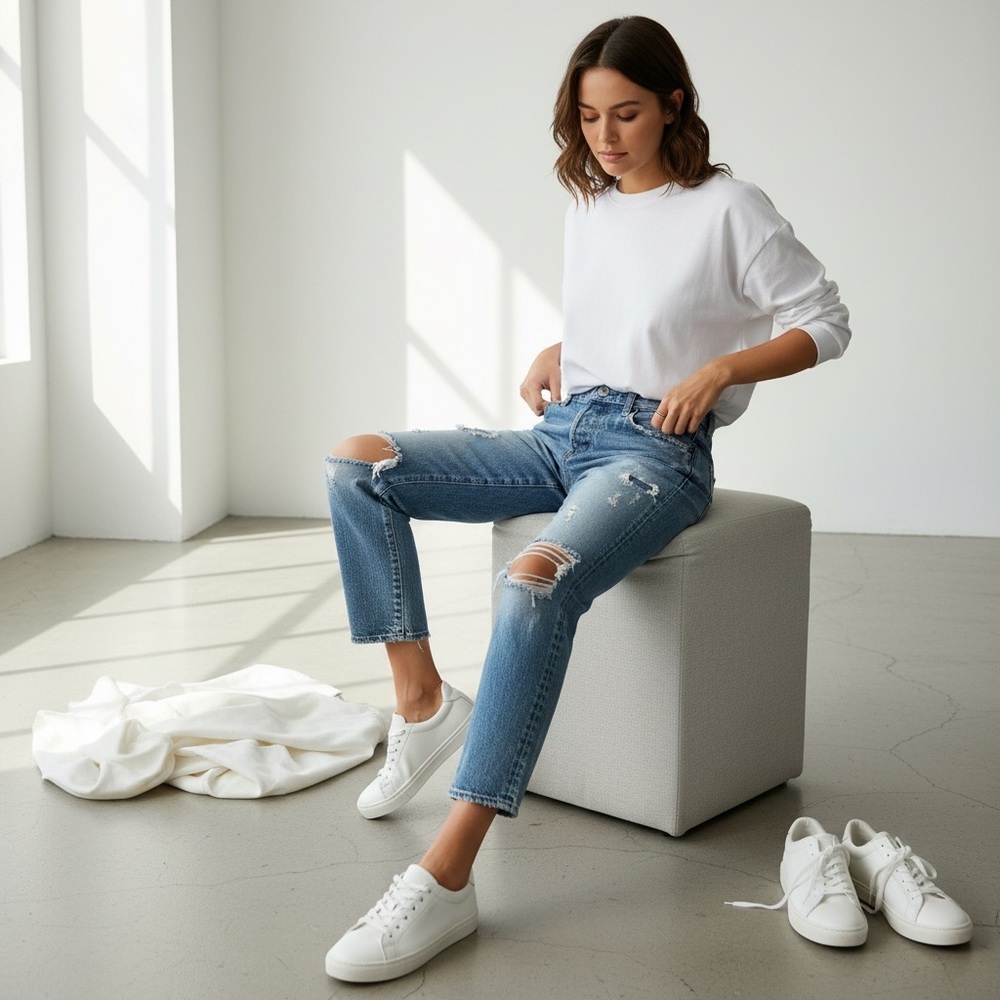 MOUSSY Vintage Aberdeen Tapered distressed jeans in blue cotton denim - Picture 3 of 16